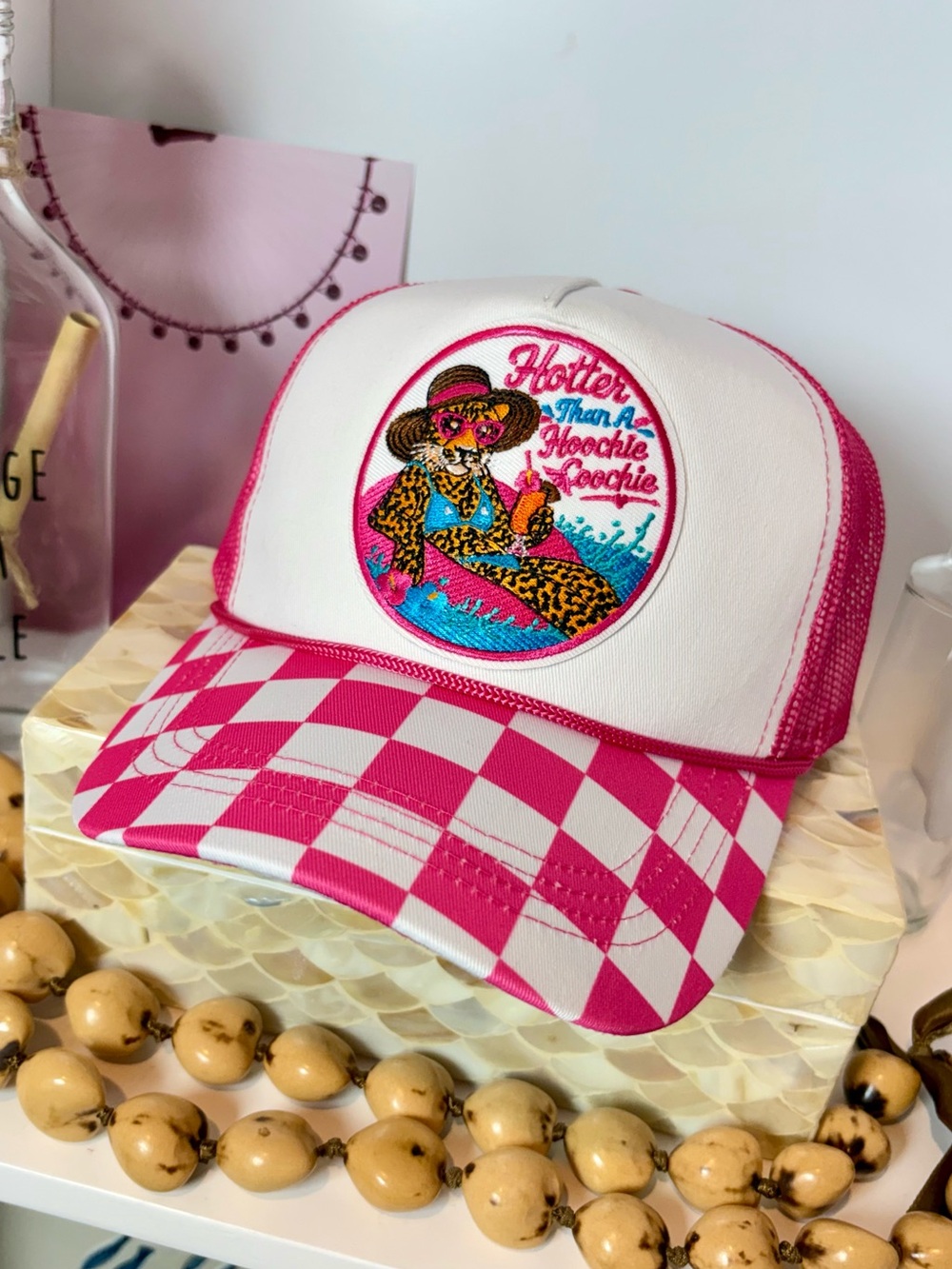 Hotter Than A Hoochie Coochie Pink & White Checker Trucker Hat